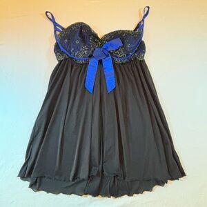 Cacique Babydoll Lingerie Silk & Lace Black Blue Bow Adjustable Straps